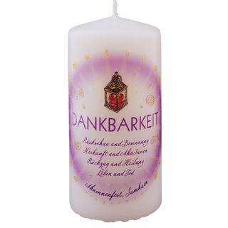 DANKBARKEIT Jahreskreiskerze mit Segensmünze und Infokärtchen
