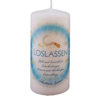 LOSLASSEN Jahreskreiskerze mit Segensmünze und Infokärtchen